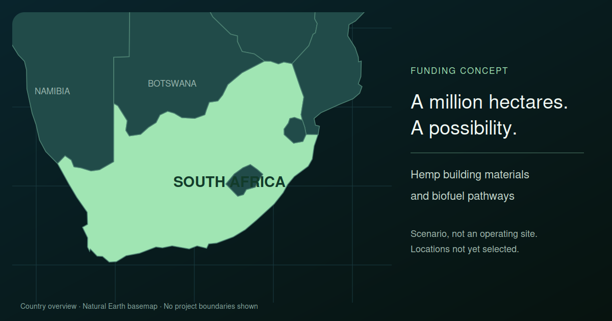 Country overview map of South Africa for the proposed million-hectare hemp scenario; no project sites selected.
